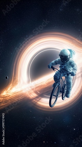 Biking through deep space toward a massive black hole. Surreal concept of an explorer in a pressure suit riding a bicycle near an event horizon.
