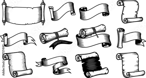 A scroll or banner parchment paper ribbon band in a vintage woodcut style
