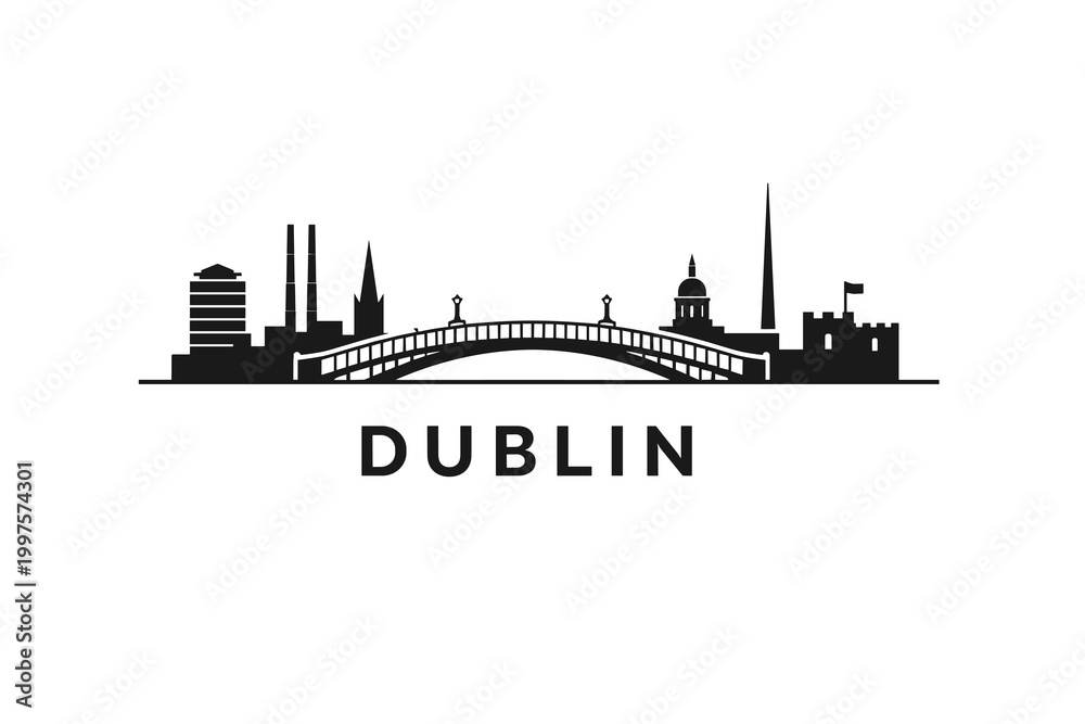 Obraz premium Dublin Skyline Silhouette Poster, Minimalist Black Cityscape Illustration with Irish Landmarks