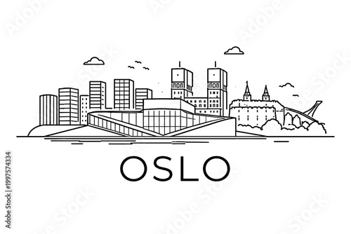 Oslo Skyline Line Art Poster, Minimalist Outline Illustration with Norwegian Landmarks