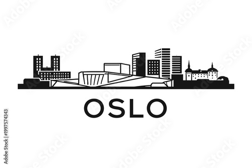 Oslo Skyline Silhouette Poster, Minimalist Black Cityscape Illustration with Norwegian Landmarks