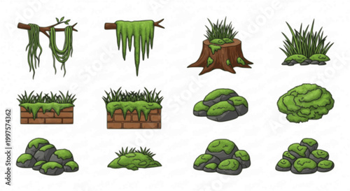 Green moss and lichen set. Swamp plant and liana hanging on forest tree branch, grass and oakmoss growth on brown stump and brick wall, mossy rocks and stones collection cartoon