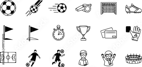 Set of sixteen monochrome soccer balls. Football or soccer related. Collection symbol of football
