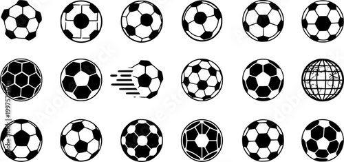 Set of sixteen monochrome soccer balls. Football or soccer related. Collection symbol of football
