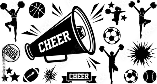 Cheer megaphone SVG cut files bundle with cheerleading silhouette and sports vector illustrations for cheers and team spirit design
