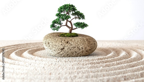 Japanese Zen Garden Layout with Raked Sand, Rocks, and Bonsai Isolated on White