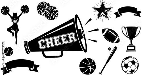 Cheer megaphone SVG cut files bundle with cheerleading silhouette and sports vector illustrations for cheers and team spirit design
