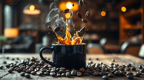 Premium Coffee Cup with Falling Beans – Stylish Cafe Drink and Aroma Concept