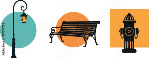Urban Street Elements Set with Vintage Lantern Park Bench and Fire Hydrant