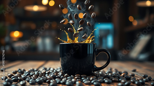 Coffee Beans Falling into Black Cup – Dynamic Espresso Scene with Warm Lights
