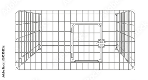 Empty Metal Wire Dog Crate Front View Isolated on White