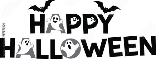 happy halloween text with bats and ghosts