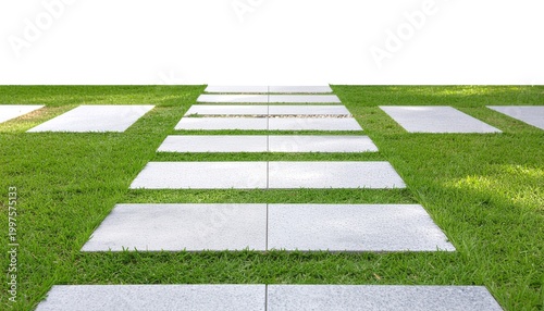Modern Front Yard Landscaping with Geometric Pathways and Grass Patches Isolated on White