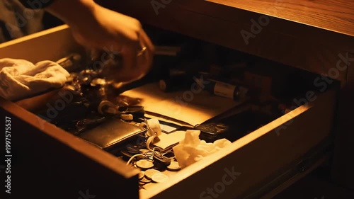 Searching Through a Drawer: A Cinematic Look at Personal Belongings in Warm Light