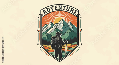 Adventure emblem illustration hiker mountains sun and forest in vector design