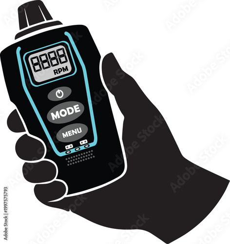 Hand holding a digital tachometer for measuring rotation speed