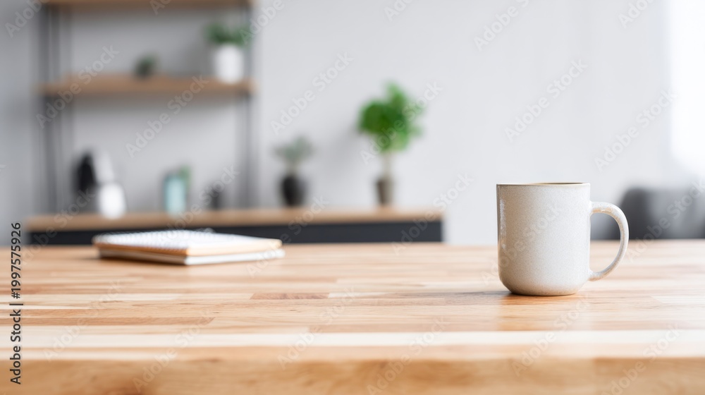 Fototapeta premium overhead. Minimalist wooden desk in living room from overhead view with soft natural ambient lighting. lifestyle magazines, social media lookbooks, designed for influencer and brand collaborations. 