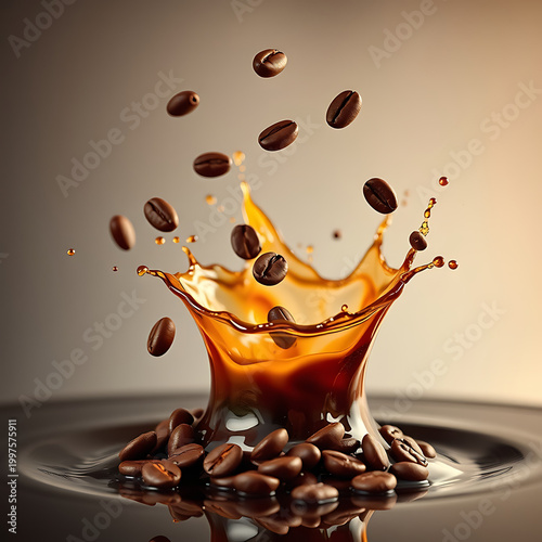 Golden Espresso Splash with Coffee Beans – Elegant Warm Tone Beverage Background