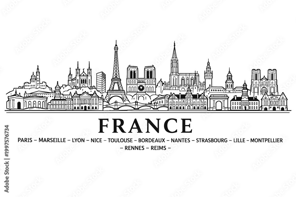 Fototapeta premium France Panoramic Skyline Poster, Minimalist Line Art Illustration with Famous French Cities and Landmarks