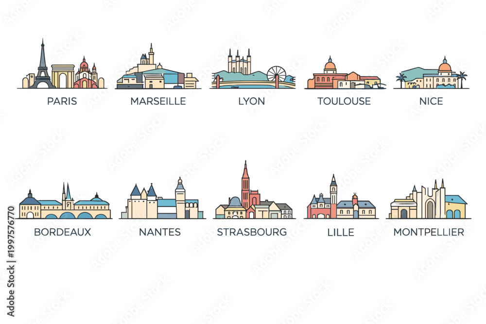 Obraz premium France Urban Skyline Set, Modern Minimal City Landmarks in Flat Style