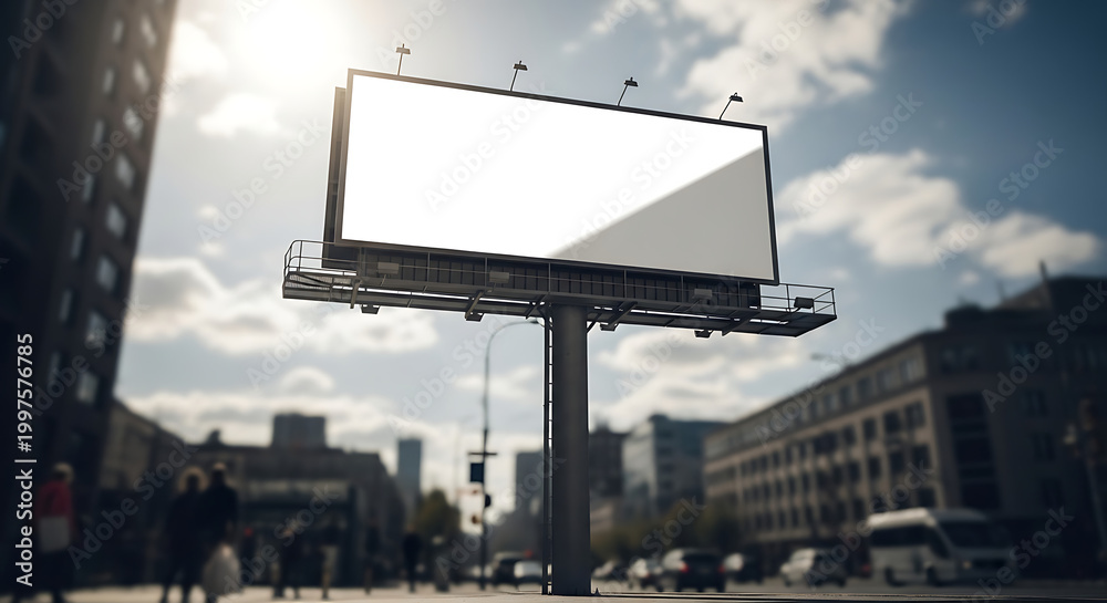 Fototapeta premium Large blank billboard on city street with blurry background buildings and people walking transparent background
