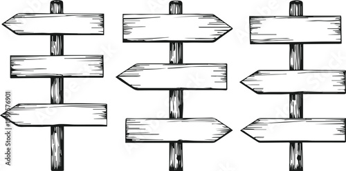 Set of wooden blank signposts with directional arrows for guidance and information illustration