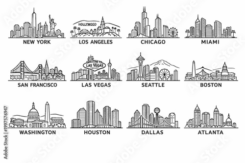 USA City Skyline Icon Set Vector with New York, Los Angeles, Chicago, Miami, San Francisco and Other Cities Isolated on White Background