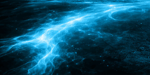 Tableau sur plexiglas Bleu An abstract blue space background features a dark motion texture of ocean waves and celestial lightning energy under a stormy sky landscape  © BIG PROBLEM