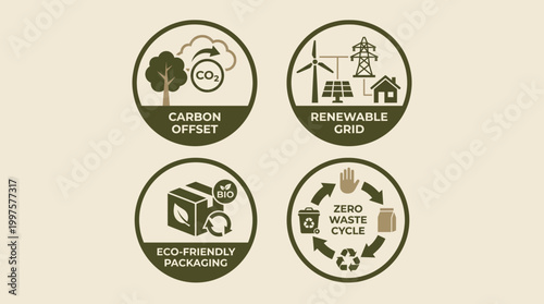 Environmental Icons Carbon Offset, Renewable Grid, Eco-Friendly Packaging, and Zero Waste Cycle