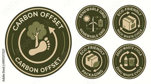 Eco-friendly carbon offset and zero waste cycle icons, illustrating sustainability and environmental responsibility