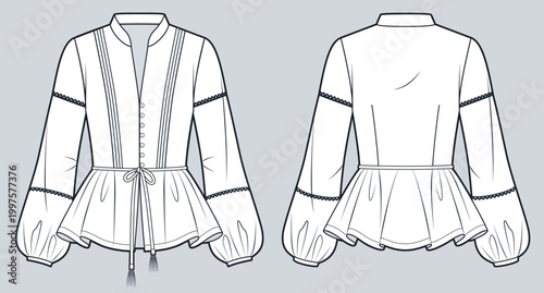 Women Boho Peplum Blouse Fashion Flat Technical Drawing Template Featuring Pin tuck Detail Drawstring Waist Long Sleeves and Front Back Views