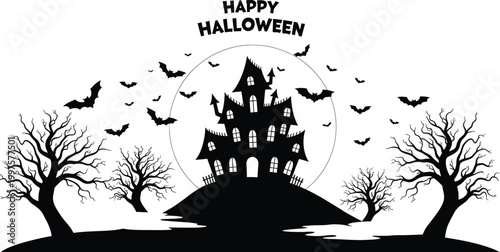 haunted house silhouette with bats and trees