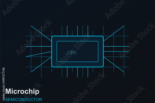 Futuristic CPU microchip vector illustration, glowing blue semiconductor circuit board icon, digital computer processor technology concept
