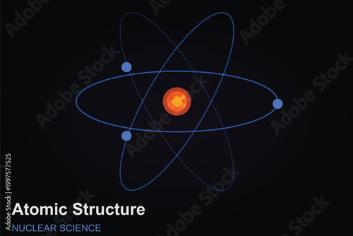 Atomic structure vector illustration, nuclear science diagram with electrons and nucleus, physics education graphic on dark background
