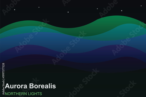 Aurora Borealis northern lights vector illustration, wavy green and blue light layers in night sky, abstract polar atmosphere background