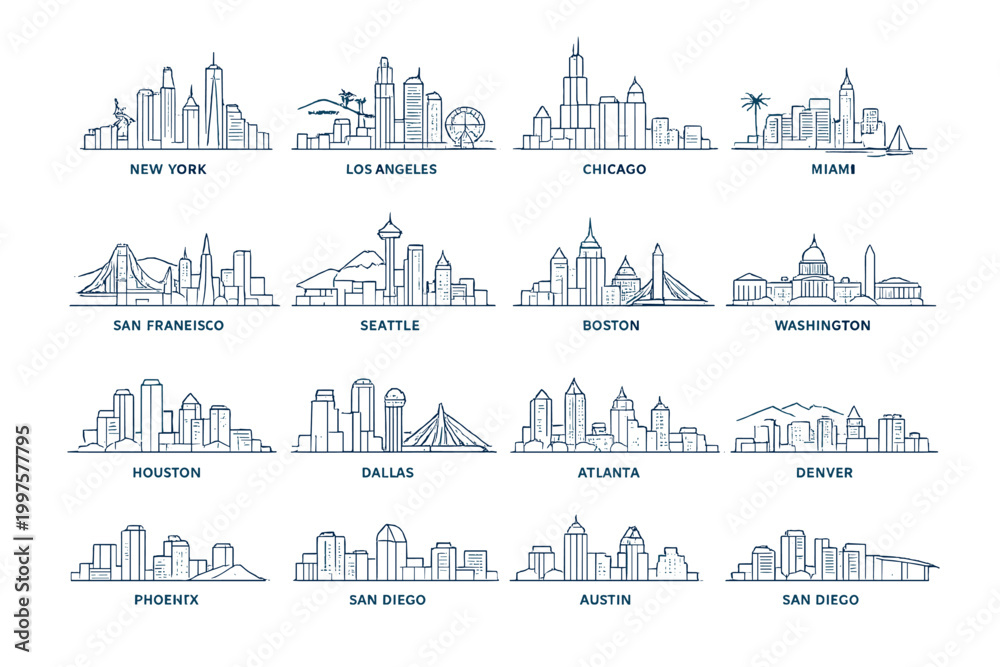Naklejka premium 2D USA City Skyline Line Icons Set, Minimalist Outline Urban Collection of American Cities