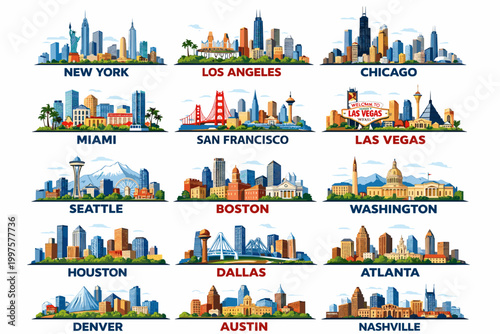 USA City Skylines Colorful Set, New York Los Angeles Chicago Miami San Francisco and More, Modern Travel Poster Style Illustrations