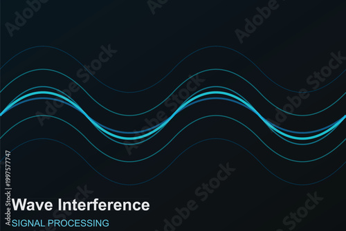 Wave interference signal processing vector, abstract blue sine waves on dark background, physics frequency oscillation and sound wave technology