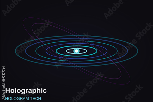 Holographic tech orbital rings vector, futuristic hologram science concept illustration, glowing neon circular data visualization on dark background