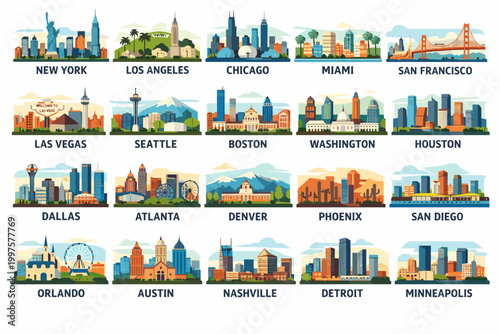 Vibrant USA City Skylines Collection, New York Los Angeles Chicago and More, Colorful Urban Landscapes Set for Travel Posters and Design