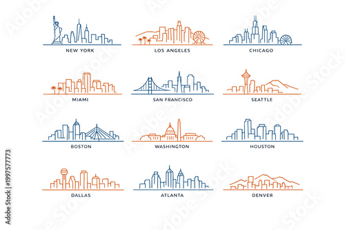 USA City Skylines Dual Color Line Set, New York Los Angeles Chicago Miami and More, Modern Outline Urban Collection for Branding