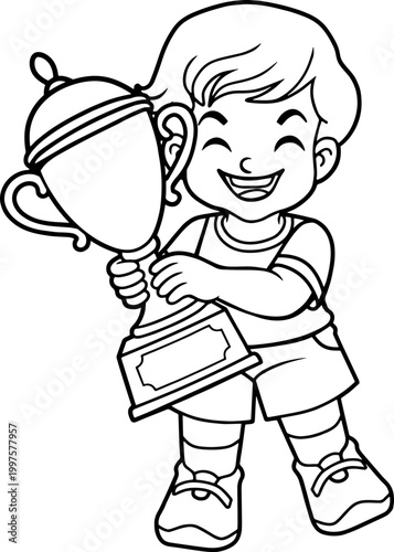 Kindergarten children bring trophies line vector illustration isolated on white background