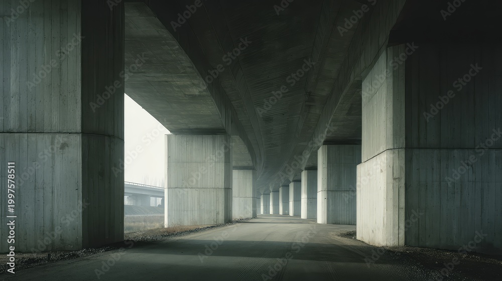 Fototapeta premium Concrete columns supporting a highway overpass create a long perspective into the distance, conveying themes of infrastructure, urban decay, architecture, and linear structure under the road