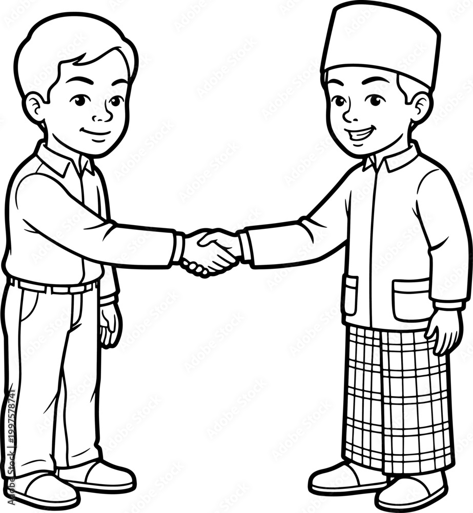 Fototapeta premium Two children shake hands line vector illustration isolated on white background