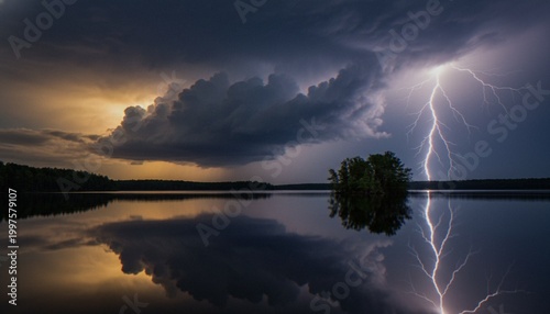 Foto A dramatic lightning bolt strikes over a calm lake at dusk, creating a mirror-like reflection in the water near a small tree-covered island