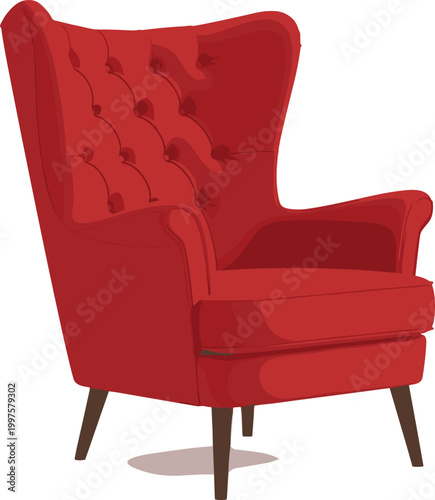 Classic luxury red wingback armchair with tufted upholstery and wooden legs for elegant home interior living room decor and high-end furniture design vector illustration isolated on white background.