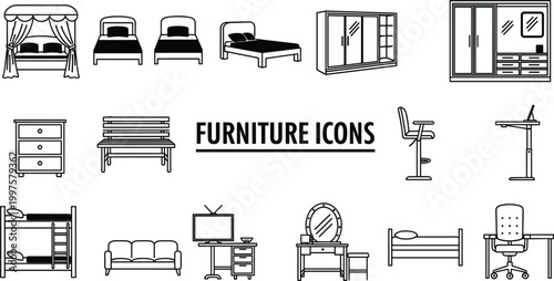 Comprehensive furniture icon set featuring black line art silhouettes of beds wardrobes sofas desks and chairs representing home interior design office workspace and bedroom decor vector illustration.
