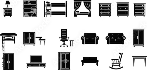 Comprehensive set of home and office furniture silhouette icons featuring bunk beds wardrobes sofas office chairs and tables for interior design planning and real estate catalogs vector illustration.