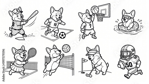 Collection set of line art cartoon animal character playing sport vector illustration for kids and children's coloring exercise on white background, Corgi, Dog