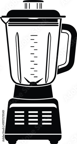 Electric kitchen blender appliance vector icon featuring a black silhouette design with measurement markings for smoothies healthy cooking food preparation and nutrition isolated on white background.